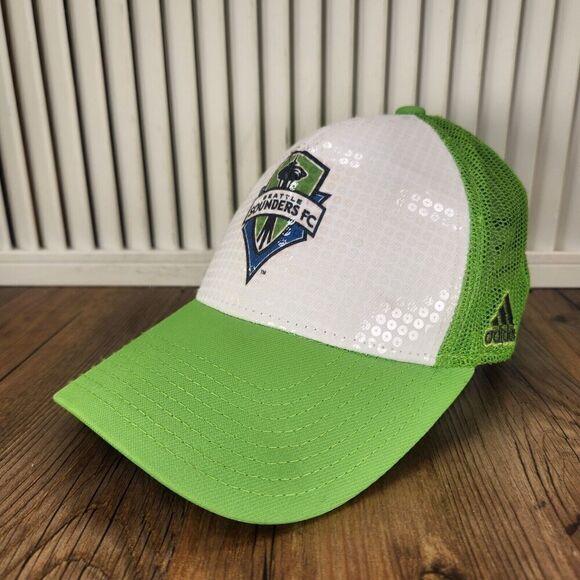 Adidas Seattle Sounders FC Trucker Hat Cap Snapback Green White Mesh MLS Sequin - Picture 1 of 10